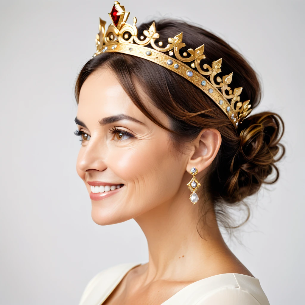 Side view portrait of assertive handsome midle age woman wearing a golden crown, profile face, being self-confident, smile on her face. Indoor studio shot isolated on white background.