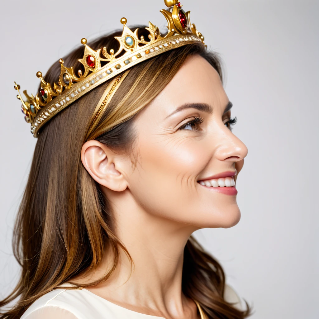 Side view portrait of assertive handsome midle age  woman wearing a golden crown, profile face, being self-confident, smile on her face. Indoor studio shot isolated on white background.