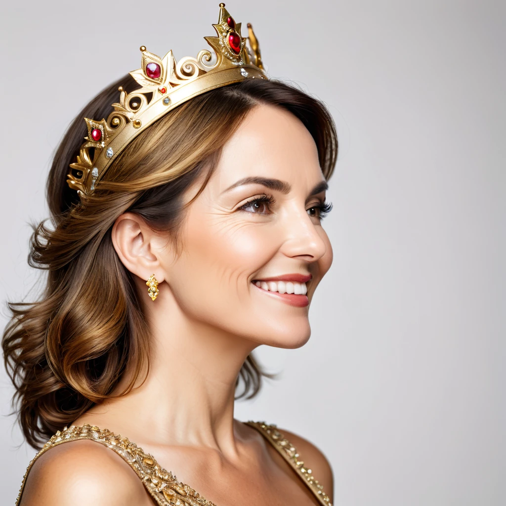 Side view portrait of assertive handsome midle age woman wearing a golden crown, profile face, being self-confident, smile on her face. Indoor studio shot isolated on white background.