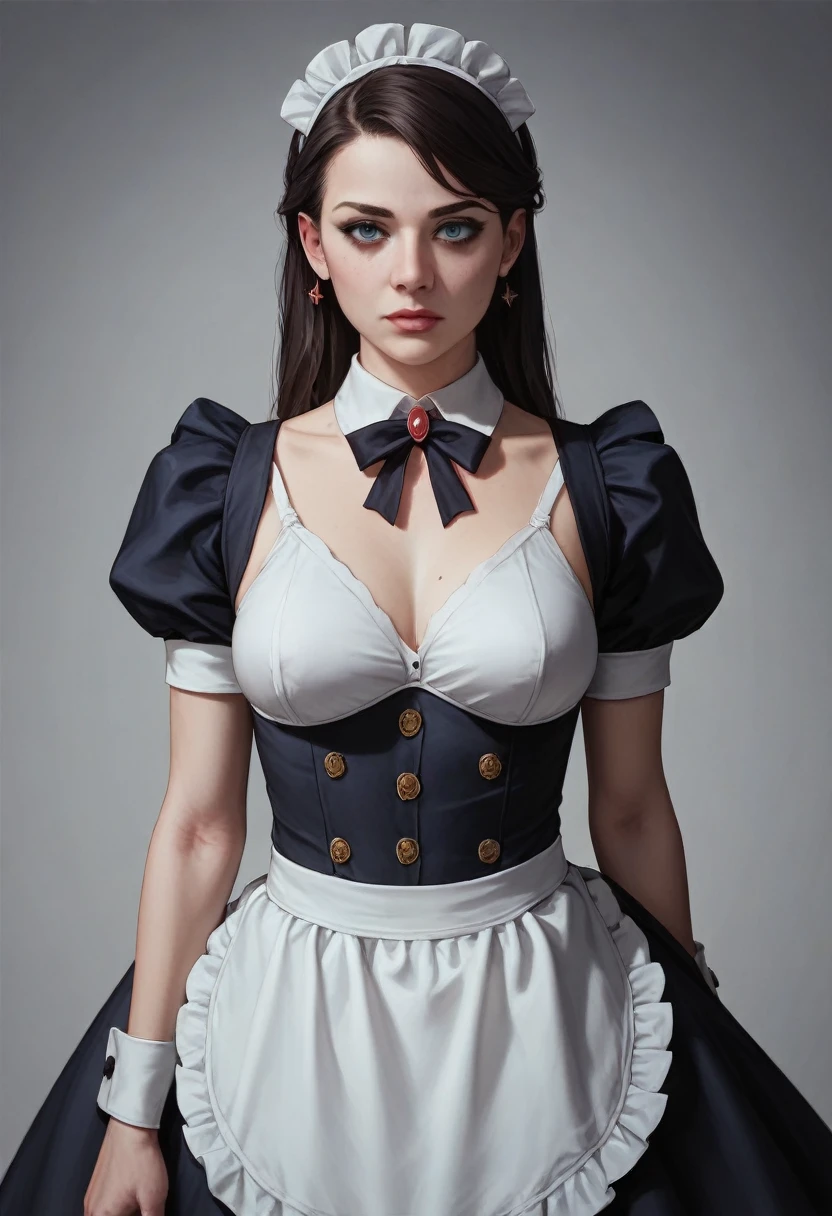 ((maid uniform)), (masterpiece:1.5), super detailed, (middle aged woman, maid uniform), dark moody atmosphere,, simple dark background, high quality, realistic, cinematic lighting, dramatic shadows, detailed facial features, sophisticated style, (((flat colors))), fully body