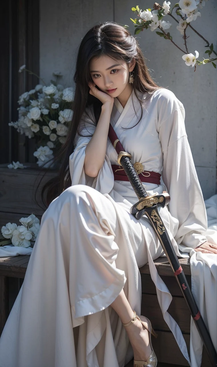 Beautiful Japanese Waifu, brunette hair, traditional chinese dress in white, sword lean on body