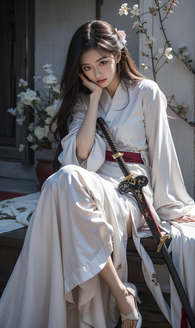 Beautiful Japanese Waifu, brunette hair, traditional chinese dress in white, sword lean on body