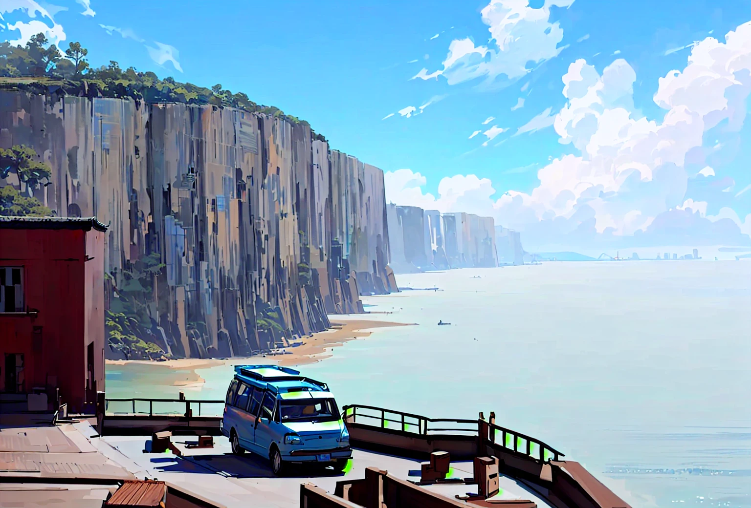 有一幅画描绘了海岸悬崖边有一辆白色car, Seaside background, car,Summer sky, Blurred dreamy illustration,Oil painting texture,Oil painting background,风格化number插画, High Detail,See pictures for more details,number, number插图, detailed 2d illustration,, 苏黎世number, A beautiful artistic illustration, Anime style cityscape,