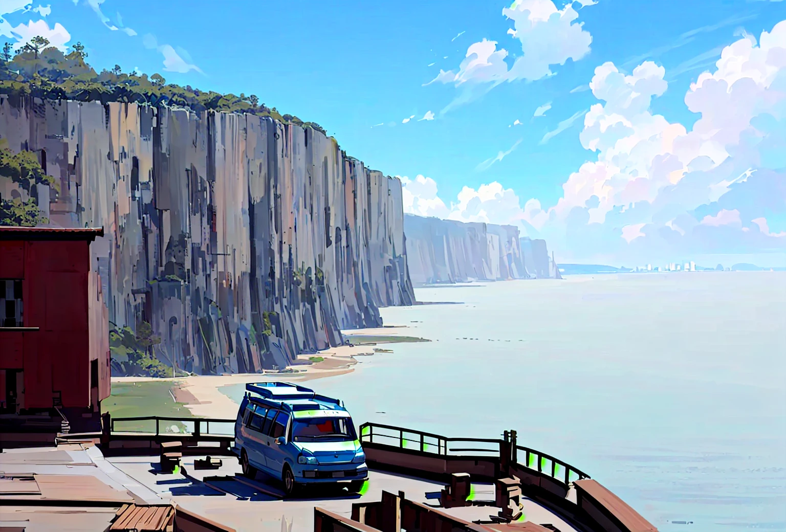 有一幅画描绘了海岸悬崖边有一辆白色car, Seaside background, car,Summer sky, Blurred dreamy illustration,Oil painting texture,Oil painting background,风格化number插画, High Detail,See pictures for more details,number, number插图, detailed 2d illustration,, 苏黎世number, A beautiful artistic illustration, Anime style cityscape,