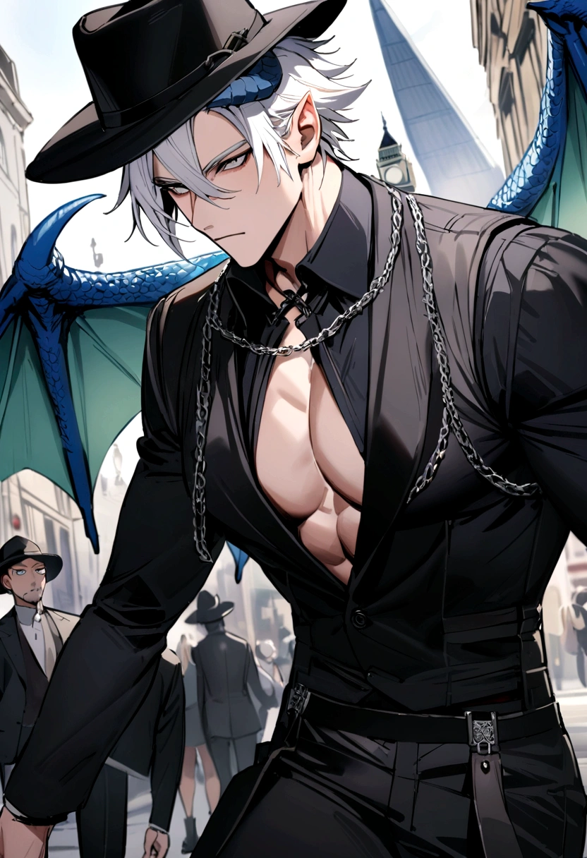 homen,Strong muscles, short white hair, best quality,open chest vest, blue and black clothes, Dragon Wings, black cloth on face, black cross chain around neck, black fedora hat with blue dragon horns on hat, in london 