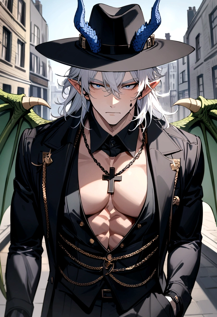 homen,Strong muscles, short white hair, best quality,open chest vest, blue and black clothes, Dragon Wings, black cloth on face, black cross chain around neck, black fedora hat with blue dragon horns on hat, in london