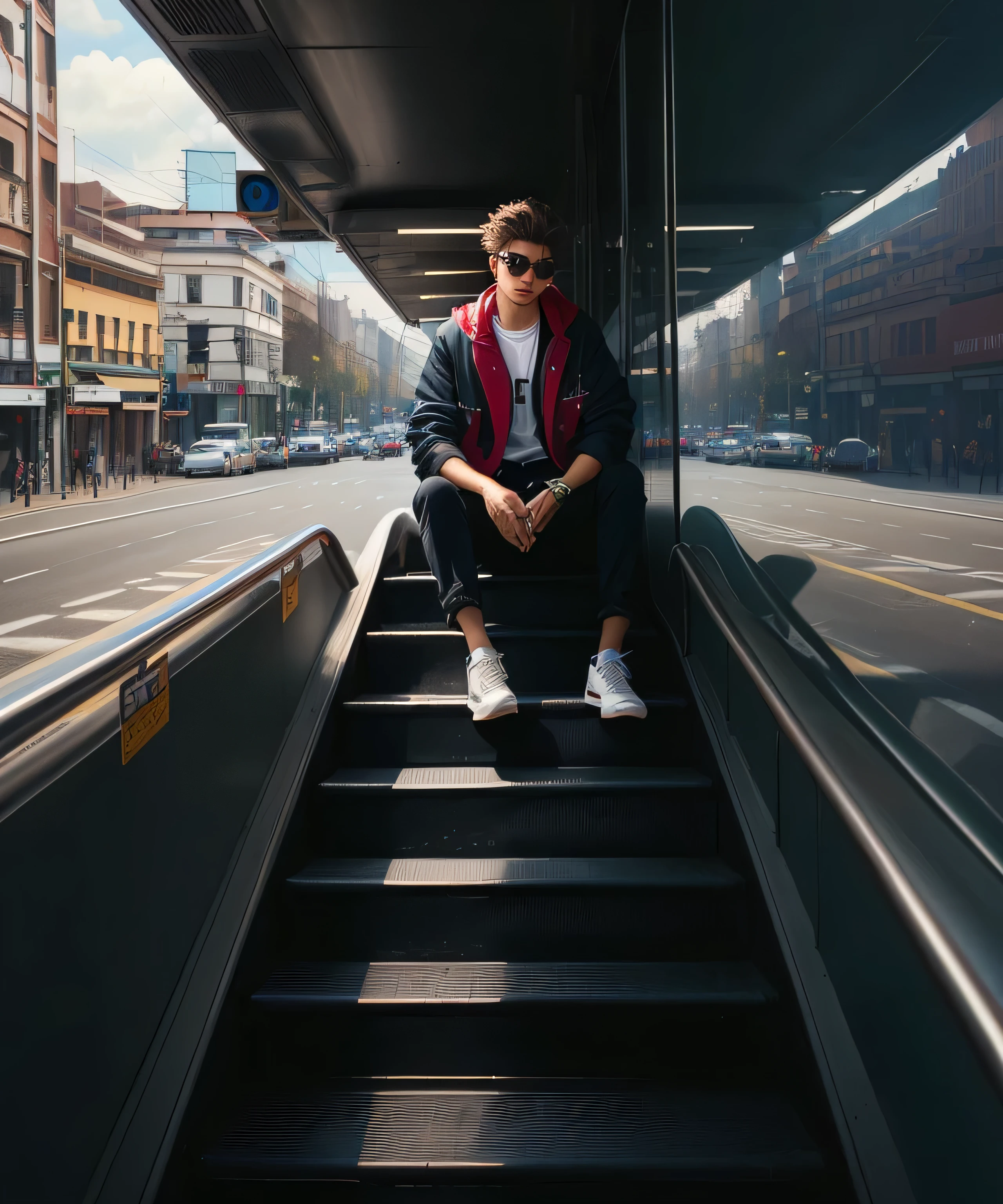 there is a man sitting on an escalator with his feet on the floor,looking to the down, urban fashion, perspectiva baixa