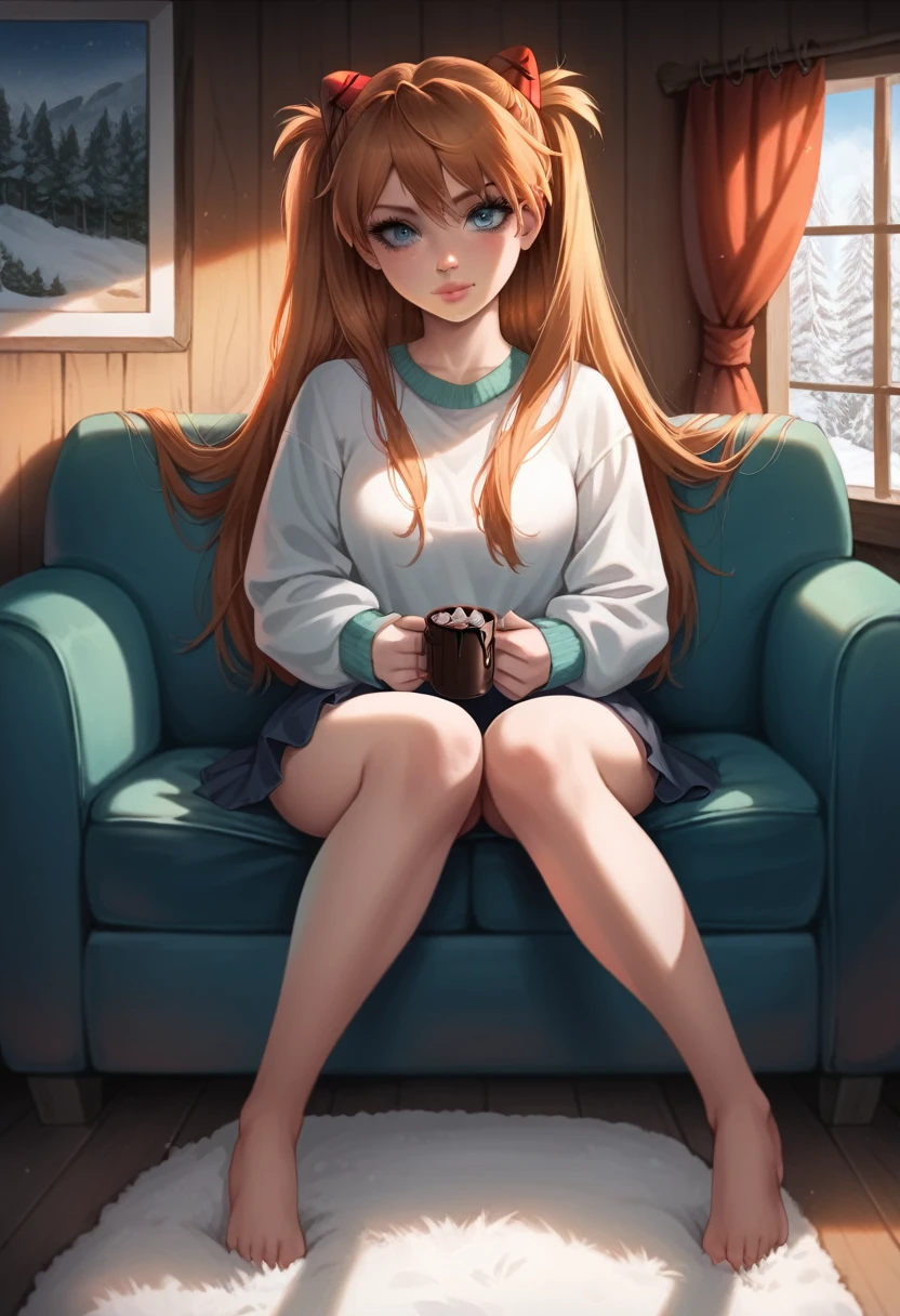 best quality, 4k, high resolution , anime girl , young girl, 24 years old, bangs, long hair, relaxed face, perfect shot, perfect anatomy, detailed face, detailed eyes, snowy background , cabin , tall girl , 2 girls, realistic, 4k , masterpiece , ilustration, digital art, full body, sohryu_asuka_langley, sitting, pov , sitting, cup of chocolate, chimney, fur rug, sofa, asuka langley sitting with a black hair girl