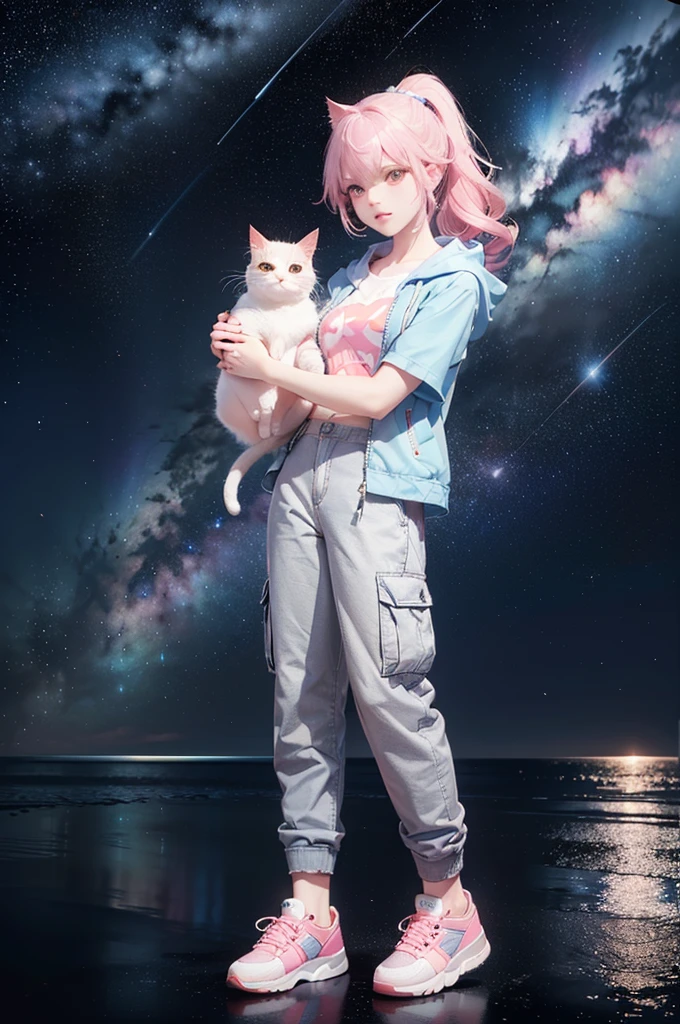 (((Holding a cute orange bantam cat in both hands))),((Highest quality,masterpiece,Full frontal view of a super mature and tall beauty,Air bangs,Blue gray high ponytail super long straight hair,Slightly curly hair on double sideburns,Hair ends curled in,Gray and pink short T-shirt,Light blue denim gray hooded jacket,Black and gray long and wide cargo pants,Pink and white sneakers,(((Look at the camera head-on))),starry sky galaxy background