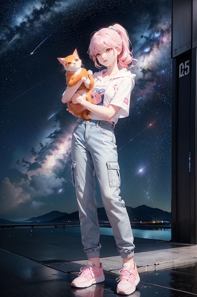 (((Holding a cute orange bantam cat in both hands)))，((Highest quality，masterpiece，Full frontal view of a super mature and tall beauty，Air bangs，Blue gray high ponytail super long straight hair，Slightly curly hair on double sideburns，Hair ends curled in，Gray and pink short T-shirt，Light blue denim gray hooded jacket，Black and gray long and wide cargo pants，Pink and white sneakers，(((Look at the camera head-on)))，starry sky galaxy background