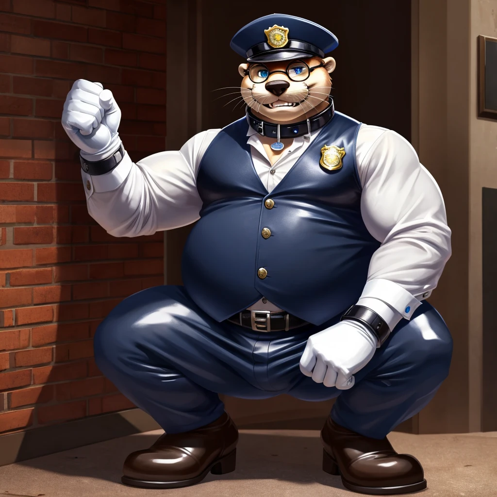 Solo, Male, fat, squatting, extremely obese, gentleman, dapper Otter, blue eyes, (soft shading), 4k, hi res, ((detailed face, detailed)), looking at viewer, evil grin, police station, collared shirt with buttons, hat, male focus, Police Uniform, glasses, monocle, vest with buttons, sleeves rolled up, round eyewear, headwear, vest, Otter is wearing a glossy leather dog collar around the neck, Otter is wearing the leather collar and shirt and vest at the same time, Otter is wearing glossy white rubber gloves on the hands, wearing white rubber gloves on the feet, Otter is wearing glossy white cuffs around the wrists with cufflinks, gloves are rubber in texture, clenching teeth, clenching fists, leather collar is glossy and shiny with a lot of detail, Otter is wearing gloves and cuffs and cufflinks at the same time, leather collar has a round dog-tag, leather collar is thick and detailed.