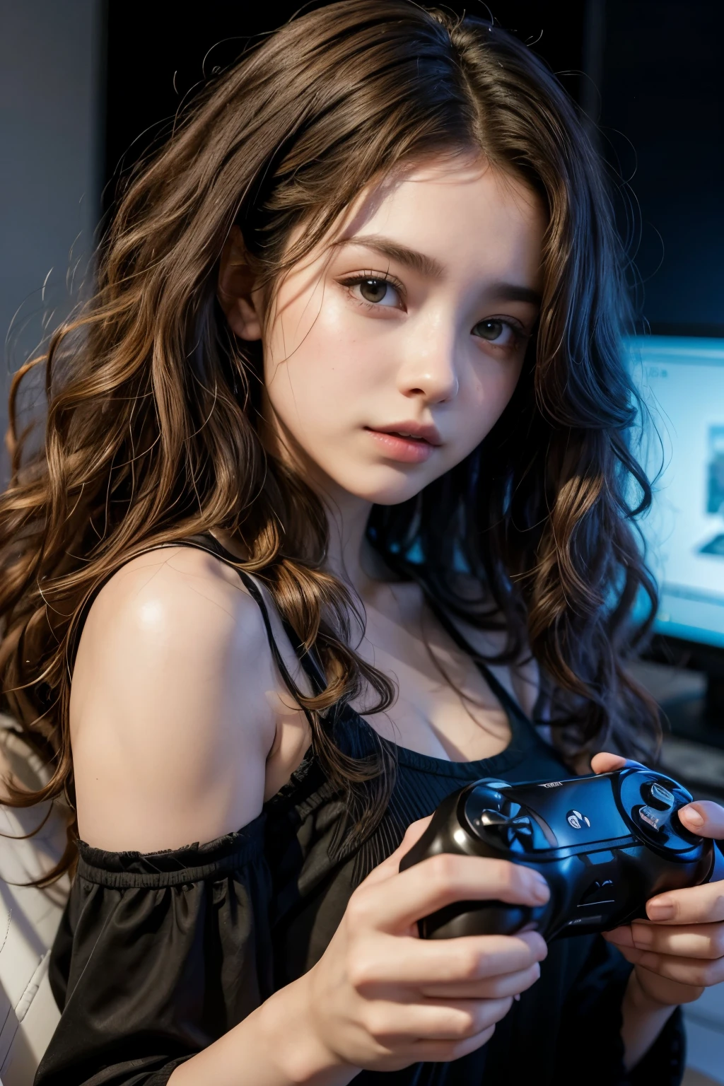 A young woman with curly hair, playing video game