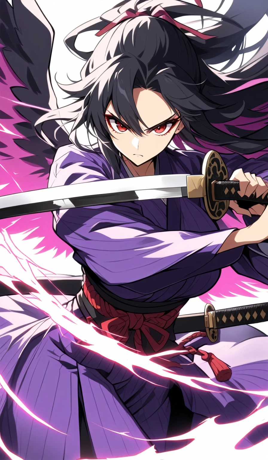 1 woman, Beautiful samurai woman in purple yukata and katana in her hands, and black hair, red eyes. She’s in battle position, anime girl with sword and wings in a purple outfit, from arknights, badass anime 8 k, she is holding a katana sword, female anime character, katana, female action anime girl, katana zero, katana zero video game character, female samurai, anime style 4 k, unsheathing her katana, inspired by Okumura Masanobu