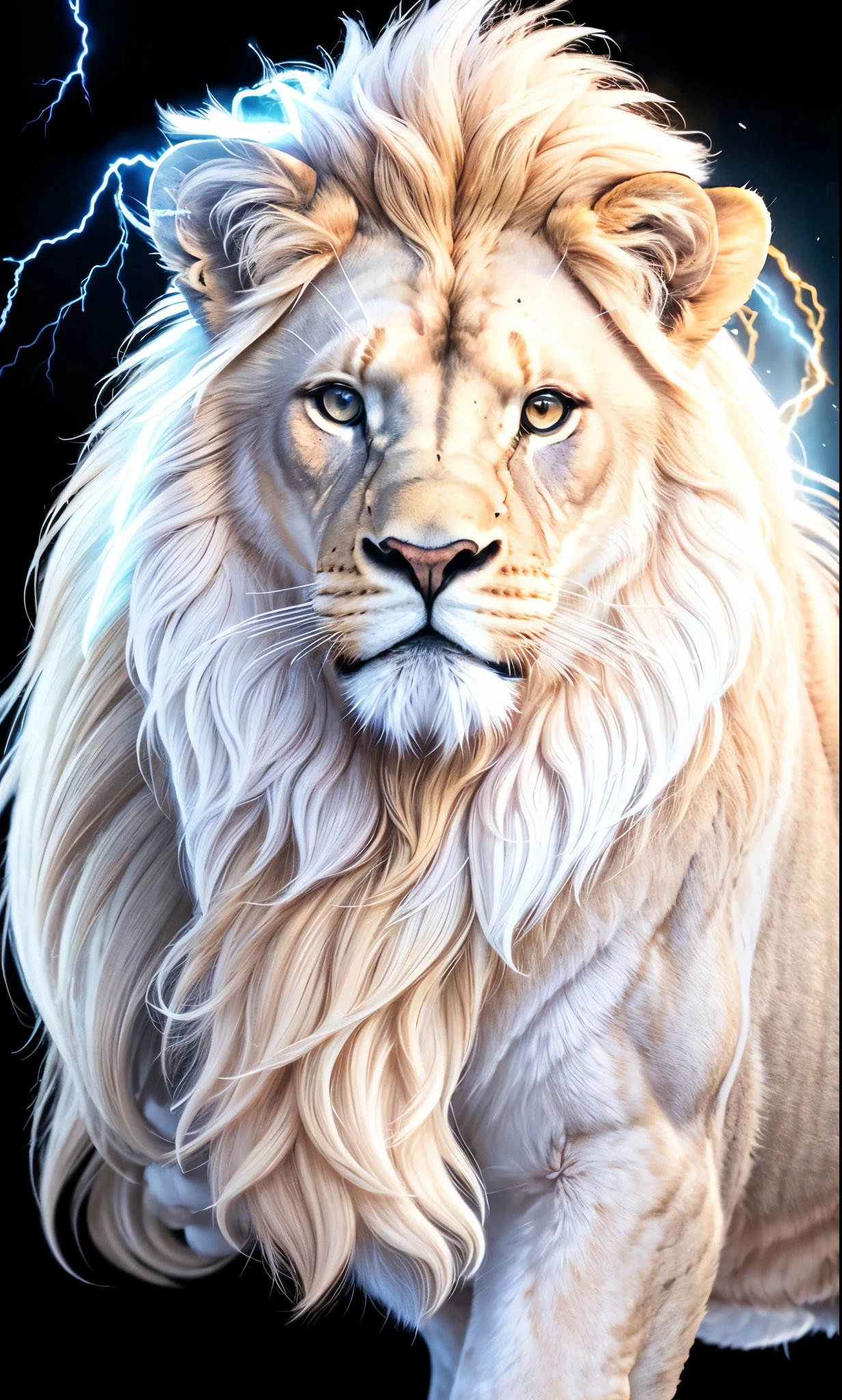 Lion, Divine Lion, naturals, thunder, Realistic Lion, rey, realistic detailed, Sunset light, sky, Sol noturno, realistic detailed 16K, Eletricidade Detalhada 8K, Darkness Background, Texturas realistas de 8K, Cores photorrealistic 8K, fire azul, realistic detailed Fire Bolt, sky Light Detailed, Power of thunder, Realistic Divine, gold color, Divine gold, Golden light, naturey, linda, Rendering, photorrealistic, UltraHigh definition, 4K, detailed textures, thunder, detailed shadows, detailed colors, neon blue, blue light, lightning strikes, blue power, naturey linda, Great Divine, peaceful face, naturalss, lightning strike, Electric Power Screw, detailed contrast, realistic contrast, high resolution, detailed colors, fire, villany, divine creature, 8K FullHD, realistic detailed, 16K, 8K, High definition, detailed contrast, realistic contrast, high resolution, detailed colors, fire, villany, divine creature, 8K Realistic Lion Face, realistic detailed, chic, elegance