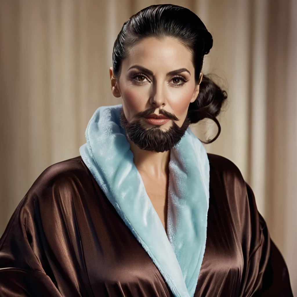bearded lady with voluminous beard, brown eyes, wet brown hair slicked back, big nose, in dressing gown