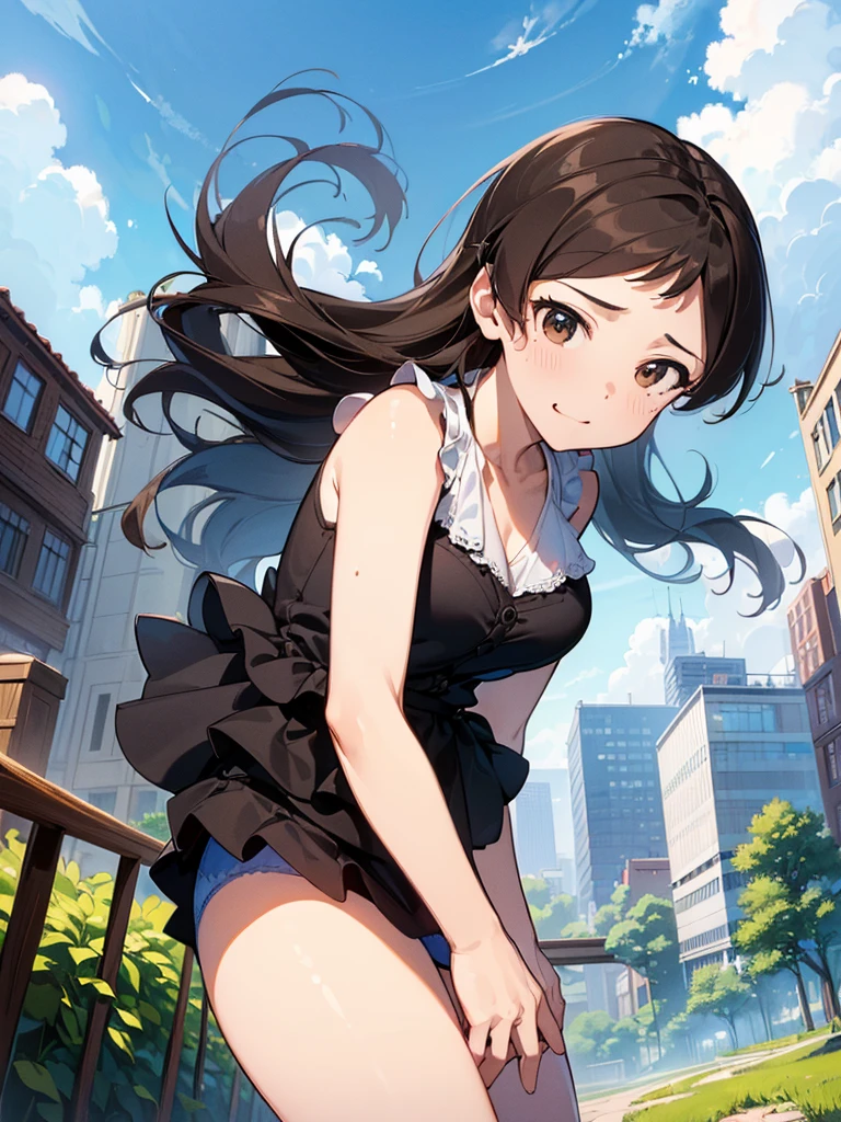 ((masterpiece) (((((Highest quality))))((high resolution))))), Very detailed, Ultra-realistic, 、Brown Hair)、、、City、building、、(、Embarrassed face、、Ass 、Face looking back、From below、((Low - Angle))、、garden、Sleeveless、Cowboy Shot、bluepanties、Black Skirt