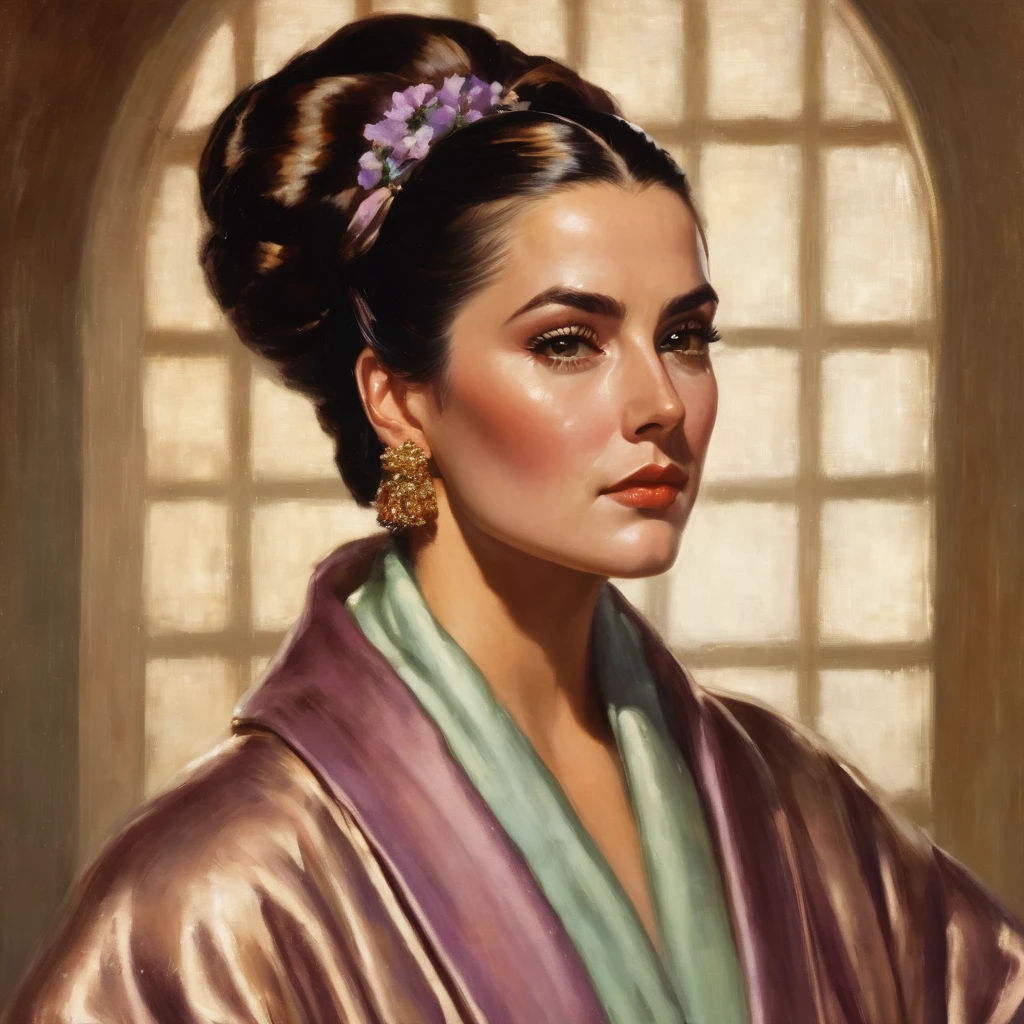 bearded lady with voluminous beard, brown eyes, wet brown hair slicked back, big nose, in dressing gown