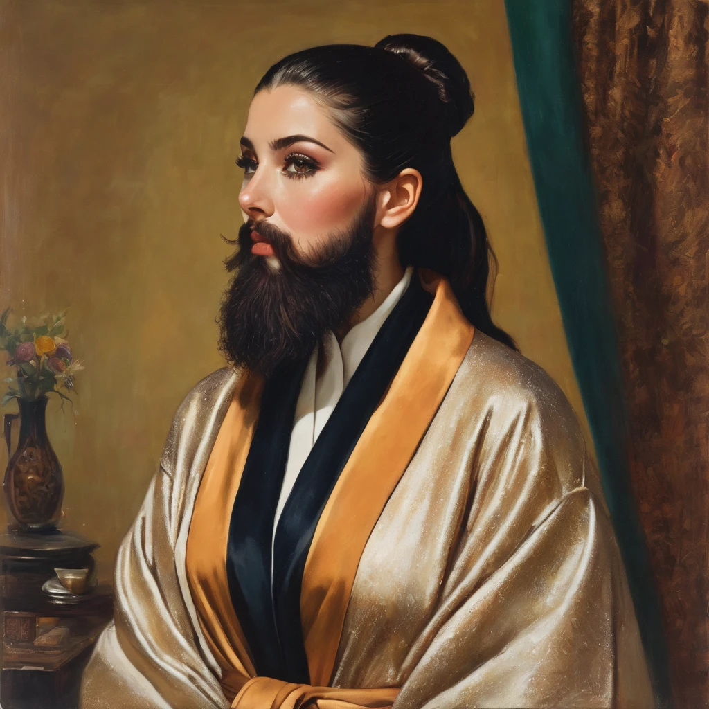 bearded lady with voluminous beard, brown eyes, wet brown hair slicked back, big nose, in dressing gown