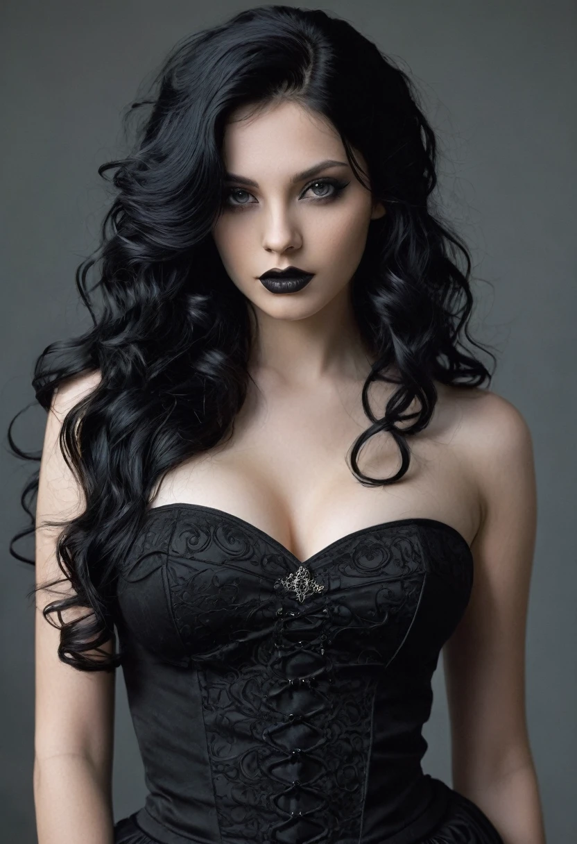 beautiful girl, long black hair with waves, black top, gothic, with hyperrealistic face, with a bare top and nice breasts