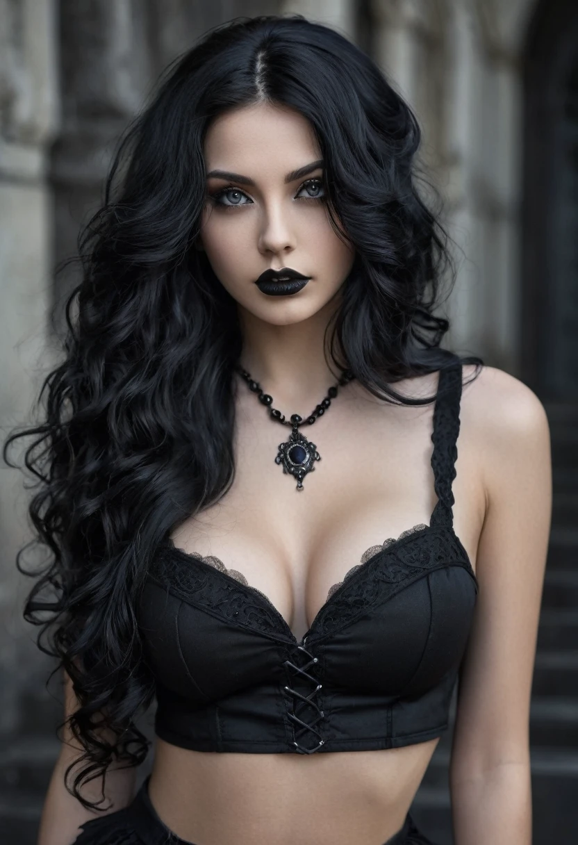 beautiful girl, long black hair with waves, black top, gothic, with hyperrealistic face, with a bare top and nice breasts