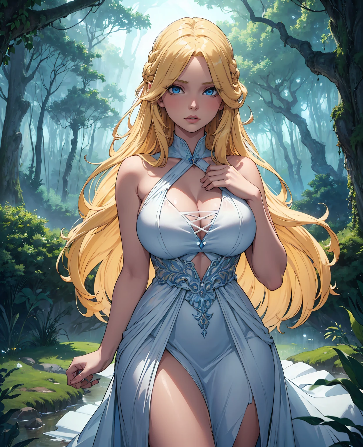 a beautiful young woman with long blonde hair, piercing blue eyes, sculpted facial features, wearing a flowing white dress, surrounded by a lush forest landscape, moonlight shining down, mystical and magical atmosphere, (best quality,8k,highres,masterpiece:1.2),ultra-detailed,photorealistic,hdr,studio lighting,vibrant colors,dark fantasy,ethereal,dramatic lighting