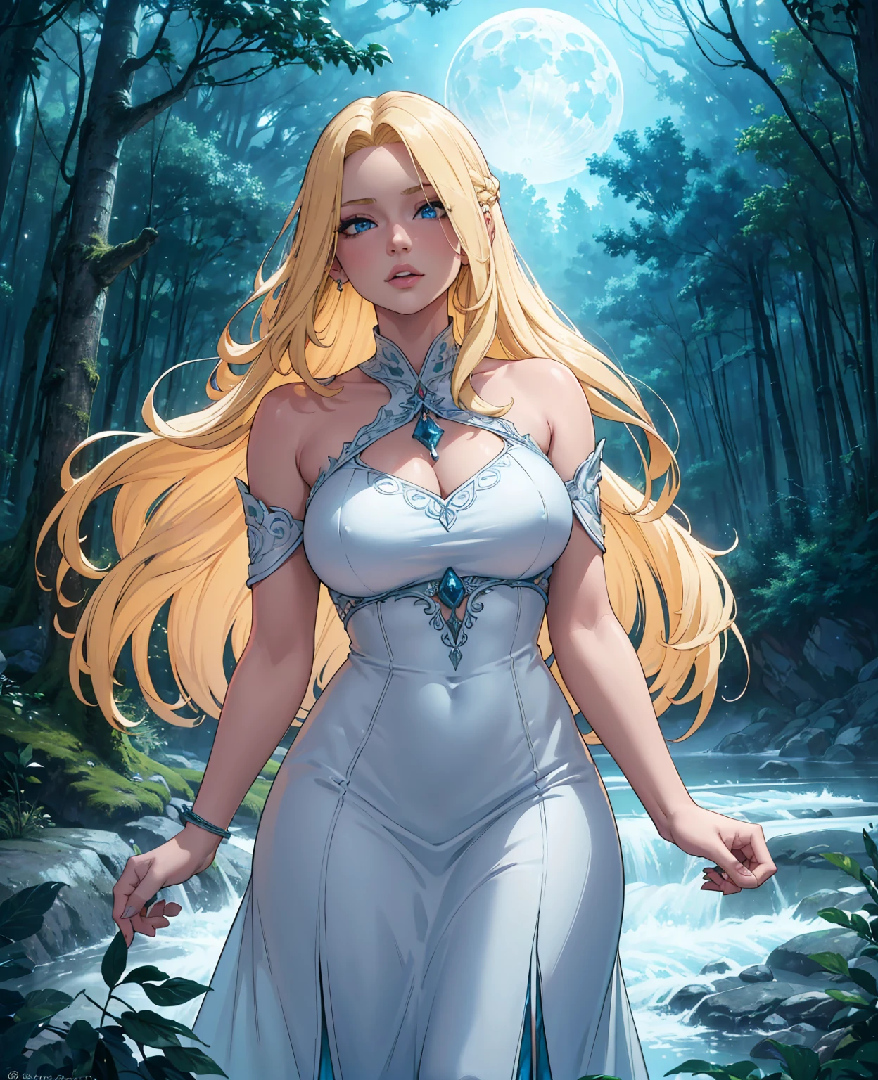 a beautiful young woman with long blonde hair, piercing blue eyes, sculpted facial features, wearing a flowing white dress, surrounded by a lush forest landscape, moonlight shining down, mystical and magical atmosphere, (best quality,8k,highres,masterpiece:1.2),ultra-detailed,photorealistic,hdr,studio lighting,vibrant colors,dark fantasy,ethereal,dramatic lighting
