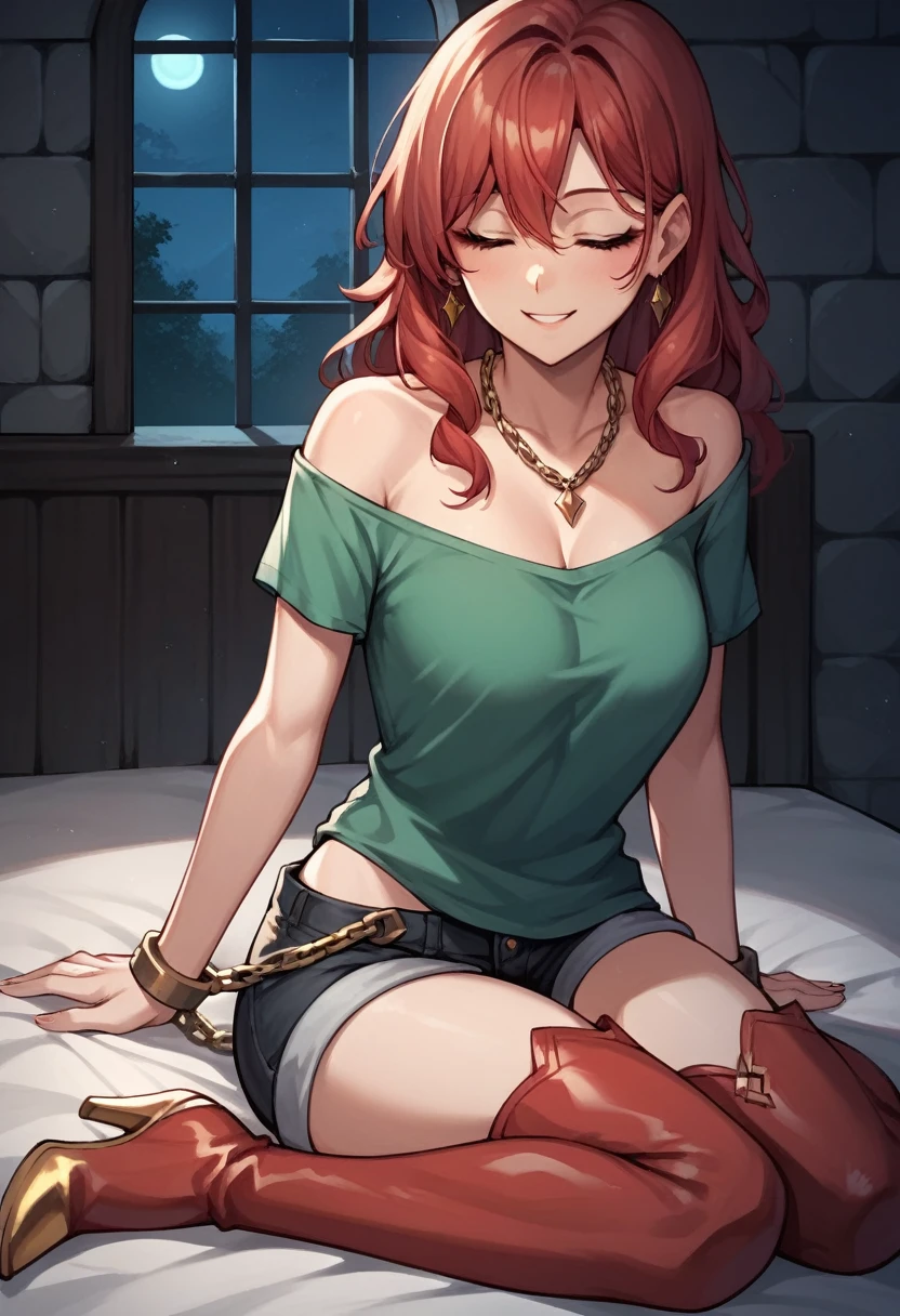 score_9, score_8_up, score_7_up, score_6_up, score_5_up, score_4_up, source_anime, 1woman, she on bed, sexy smile, red hair, loose hair, close eyes, w-w-chain, green shirt, shorts, thigh boots, red boots,gold heels, night,  dungeon, best quality, best res, 4K UHD,
 