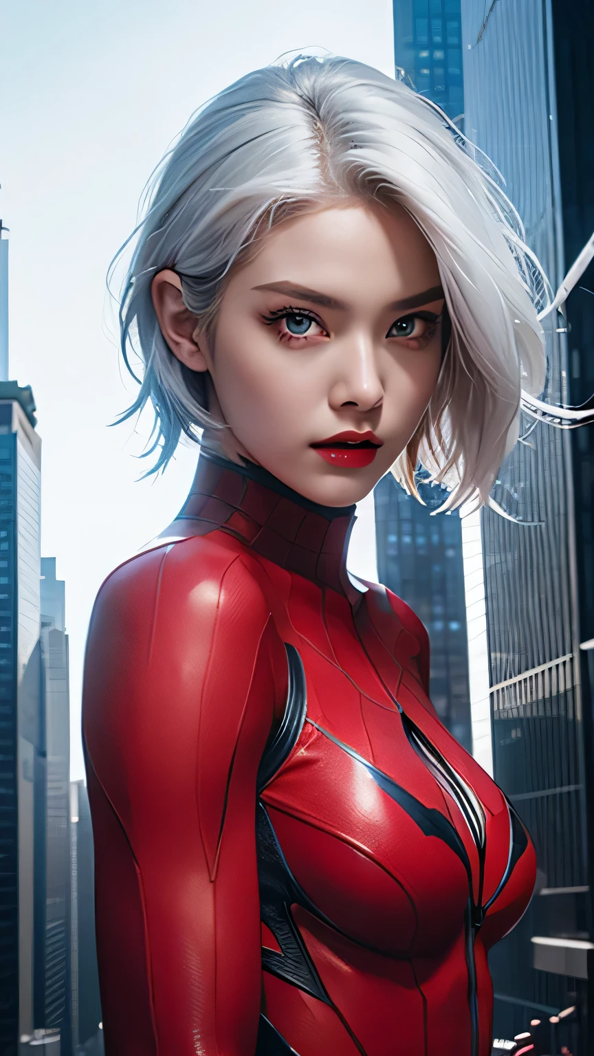 spider-woman, red suit, fighting pose, beautiful eyes, white hair, half body, masterpiece, ultra high details, Manhattan city 