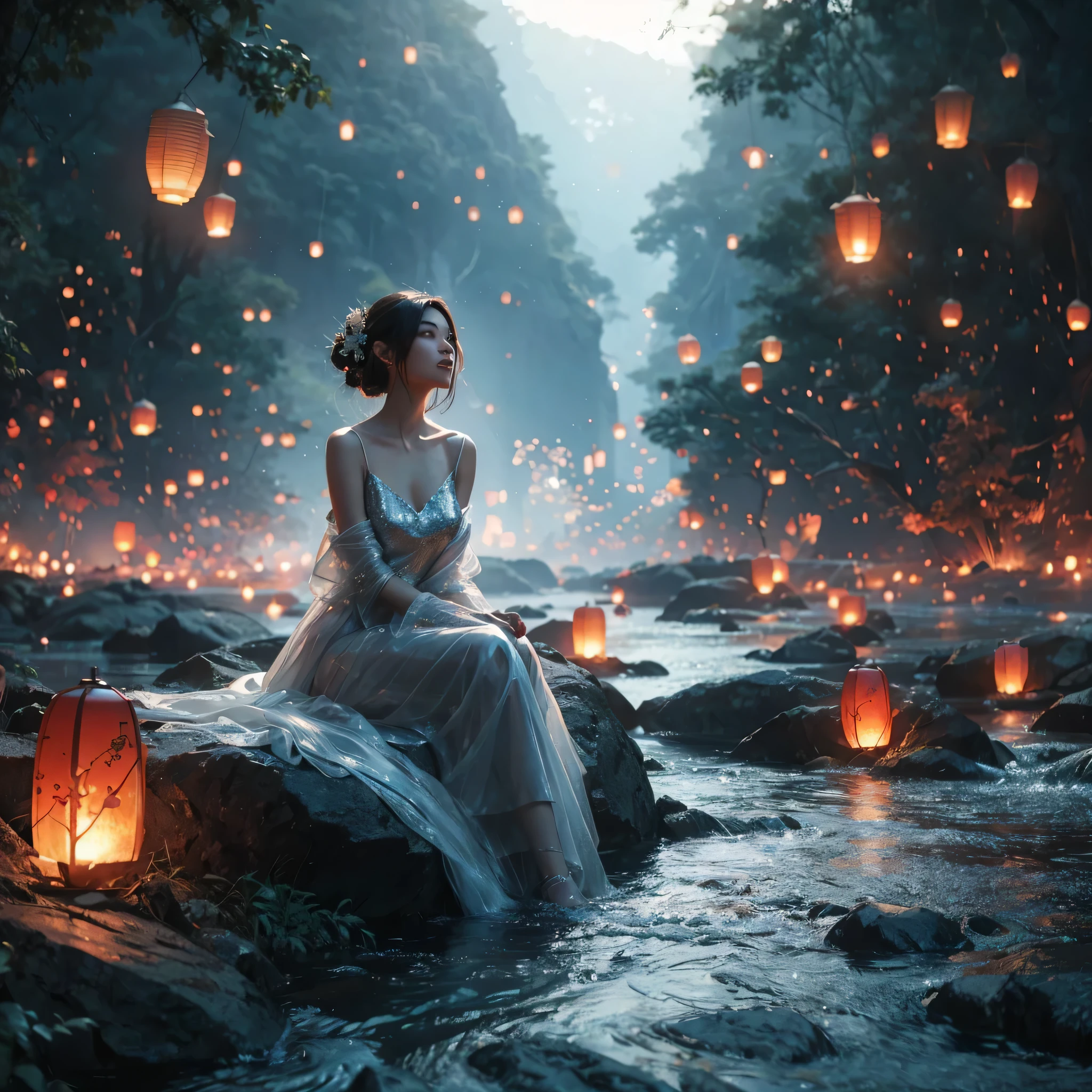 Portrait of an asian woman wearing a white dress sitting on a river with rocks and trees, lanterns floating in the air, embers floating, ross tran. scenic background, magical concept art, atmospheric red sprites, shining lights! digital painting, inspired by Andreas Rocha, background artwork, beautiful concept art, mystical jungle lagoon, epic concept art. bokeh, cgsociety, background art, floating lights, better detail and lighting, photorealistic, ultra high definition, 16k