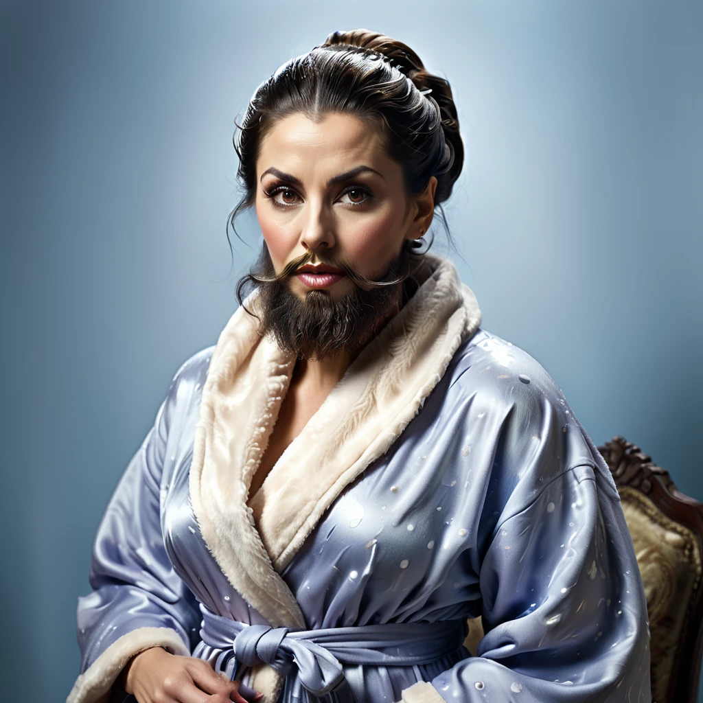 bearded lady with voluminous beard, brown eyes, wet brown hair slicked back, big nose, in dressing gown