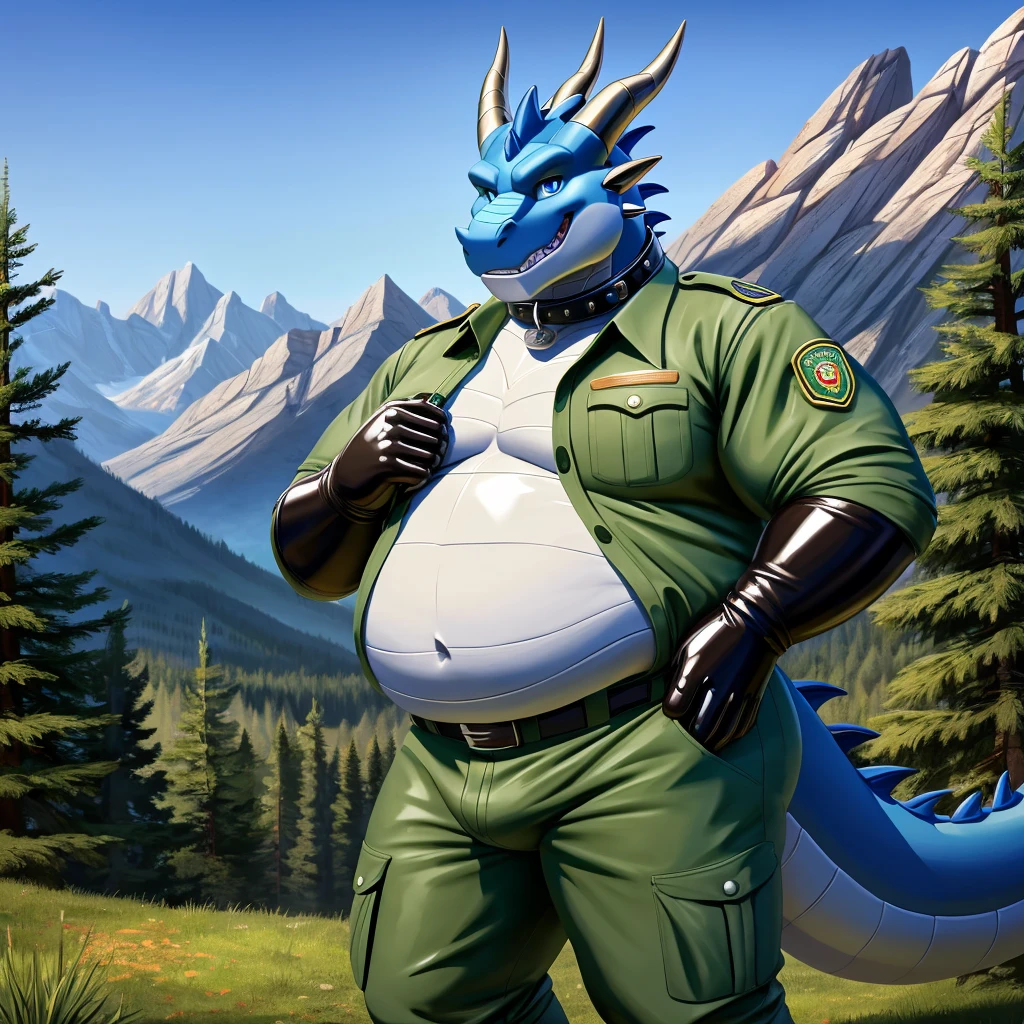 solo, full body, Male, fat, extremely obese, Dragon, park ranger, trousers, outdoor, park ranger uniform, collared shirt with buttons, blue eyes, (soft shading), 4k, hi res, ((detailed face, detailed)), looking at viewer, evil grin, Dragon is wearing the collared shirt and leather collar at the same time, Dragon is wearing a glossy leather dog collar around the neck, Dragon is wearing white rubber gloves on the hands, white rubber gloves on the feet, gloves are rubber in texture, leather collar is shiny, leather collar is extremely detailed, rubber gloves are glossy, Evergreen pine forest and mountains national park in the background, Environmental protection area.