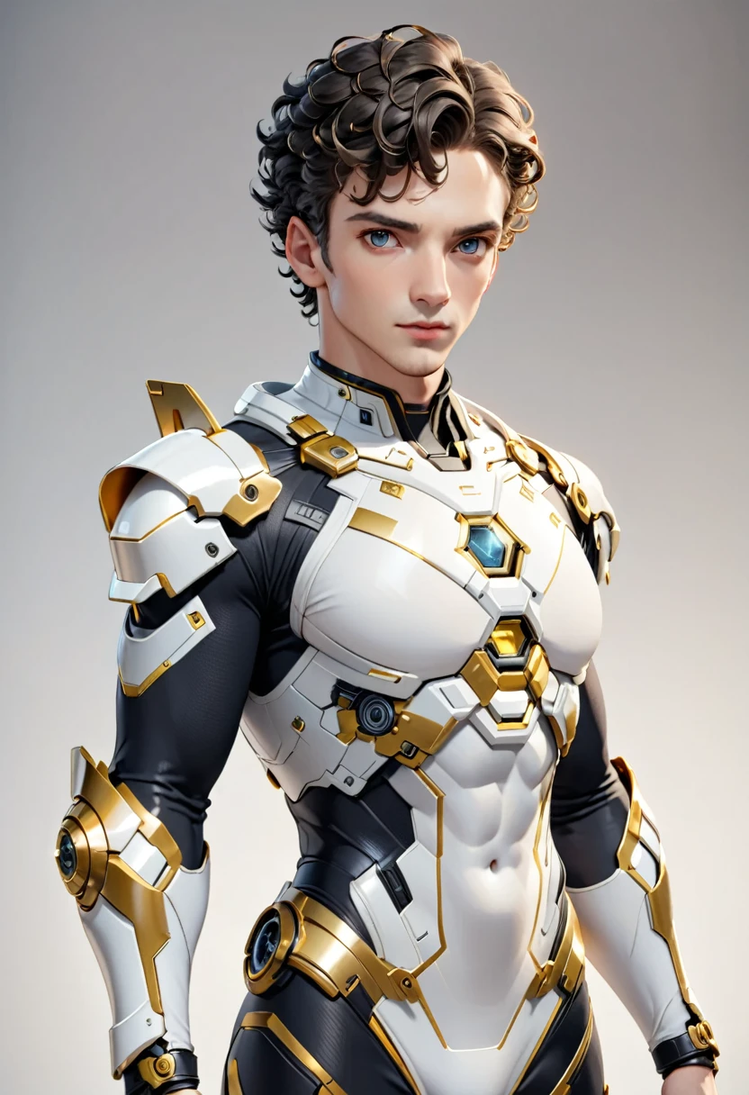 Man with short curly hair, white skin, gray eyes, defined and athletic body, white science fiction costume clothes with golden details, look forward, confident,3D rendering,Studio lighting