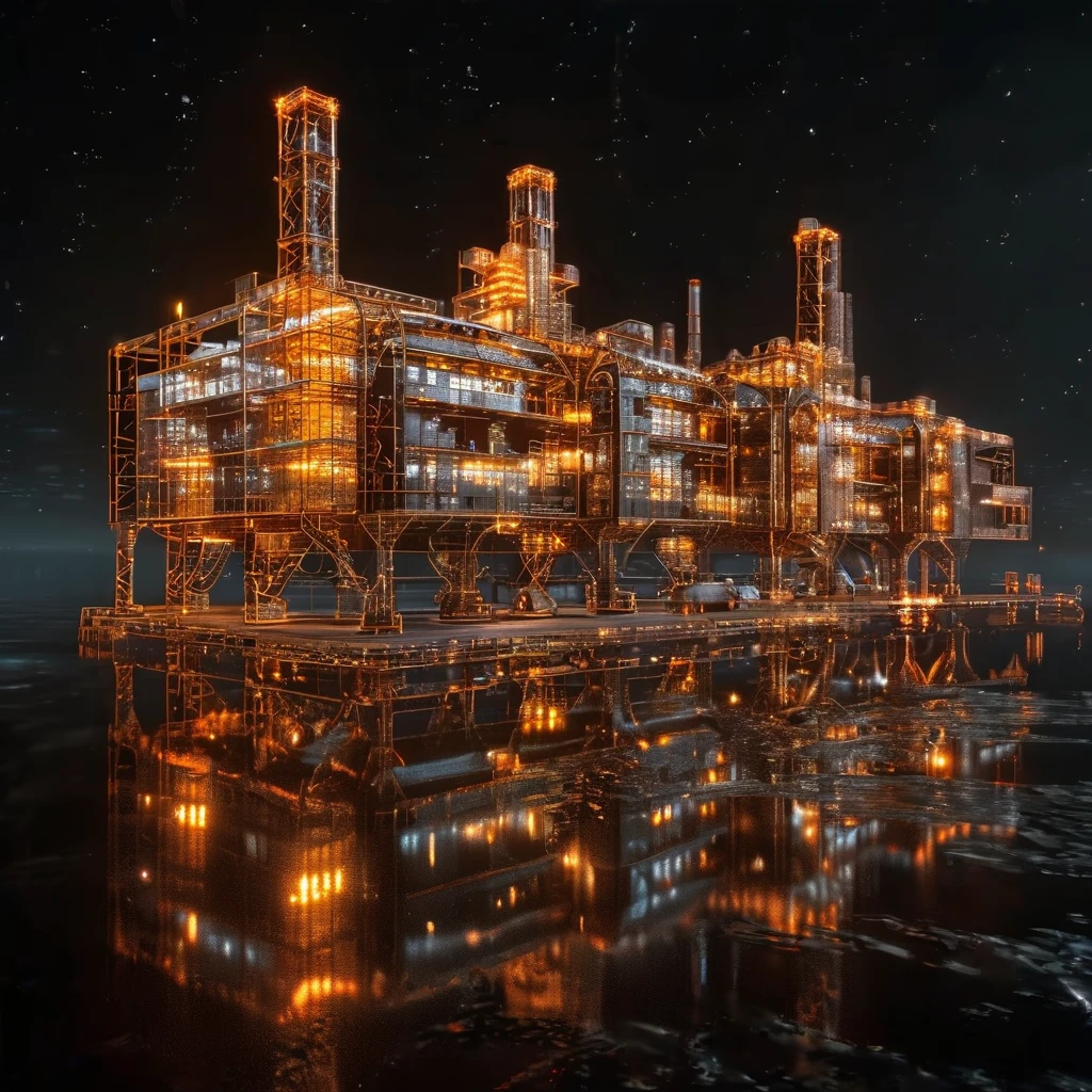 Factory plant wireframe hologram,
The factory by the sea does not shine,rendered in the style of a 3D rendering with a black background,
Professionally shot with professional lighting and color grading，To present surrealism,
Orange and white,(The factory by the sea does not shine:1.3)(Starry sky background:1.4),Stars can be seen in the distance in the background.,