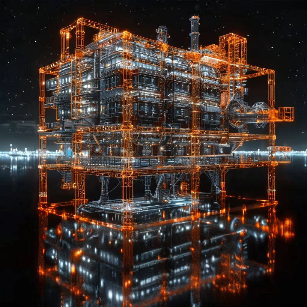 Factory plant wireframe hologram,
The factory by the sea does not shine,rendered in the style of a 3D rendering with a black background,
Professionally shot with professional lighting and color grading，To present surrealism,
Orange and white,(The factory by the sea does not shine:1.3)(Starry sky background:1.4),Stars can be seen in the distance in the background.,