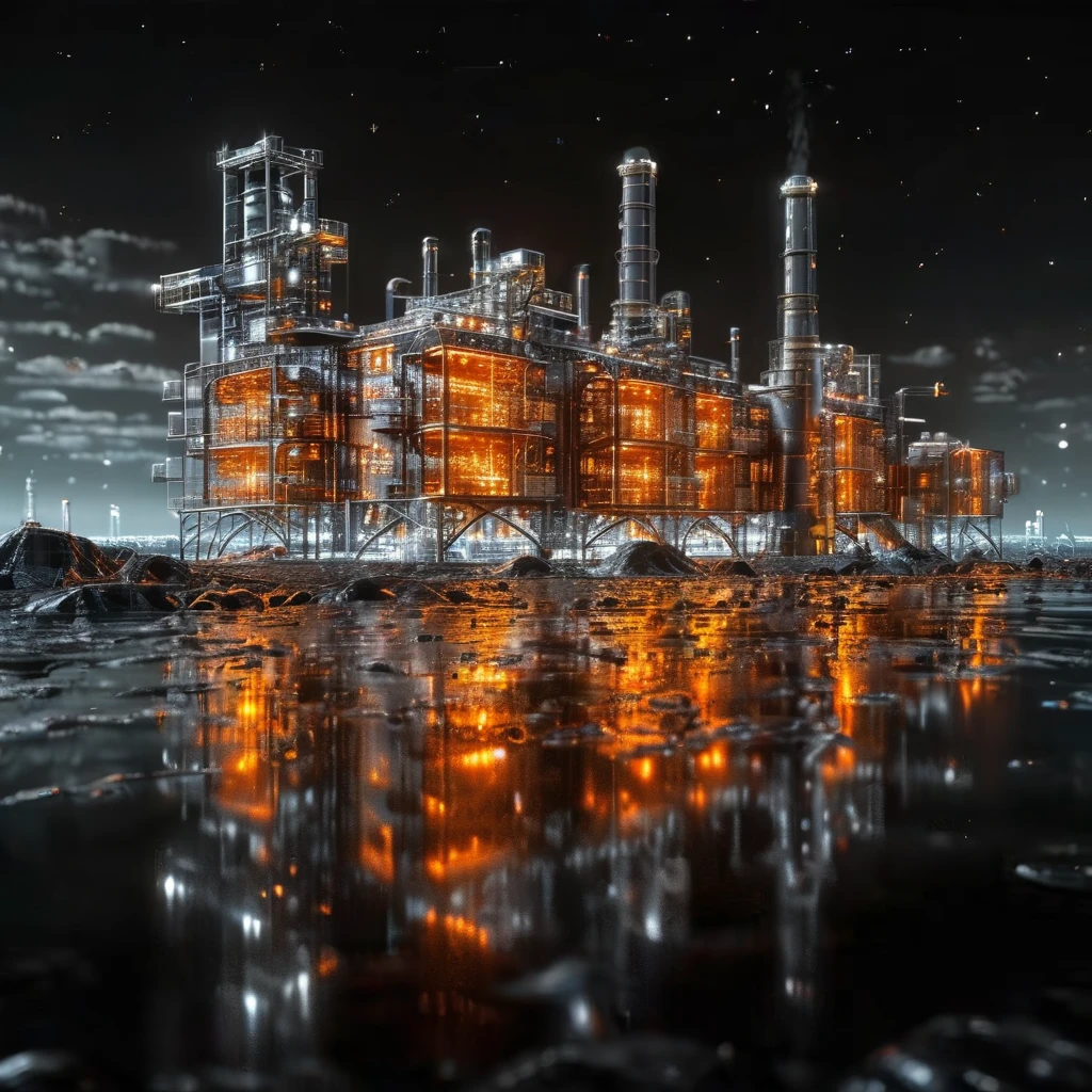 Factory plant wireframe hologram,
The factory by the sea does not shine,rendered in the style of a 3D rendering with a black background,
Professionally shot with professional lighting and color grading，To present surrealism,
Orange and white,(The factory by the sea does not shine:1.3)(Starry sky background:1.4),Stars can be seen in the distance in the background.,