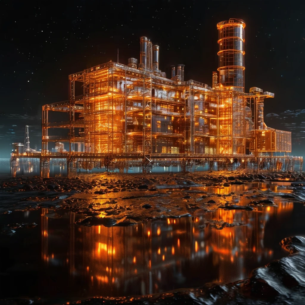 Factory plant wireframe hologram,
The factory by the sea does not shine,rendered in the style of a 3D rendering with a black background,
Professionally shot with professional lighting and color grading，To present surrealism,
Orange and white,(The factory by the sea does not shine:1.3)(Starry sky background:1.4),Stars can be seen in the distance in the background.,