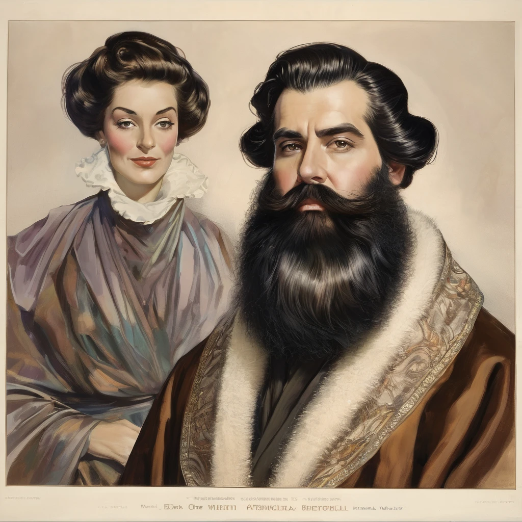 bearded lady with voluminous beard, brown eyes, wet brown hair slicked back, big nose, in dressing gown