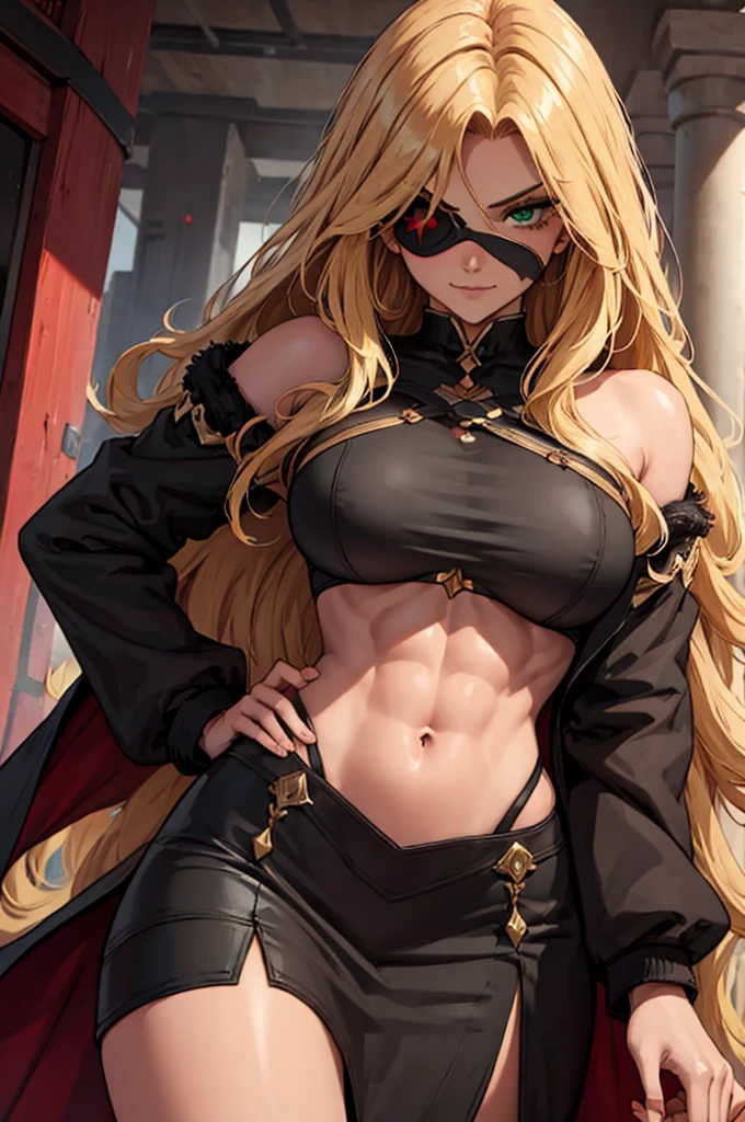 ((masterpiece)), ((best quality)), 1girl, adult, long hair, ((blonde hair)), very long blonde hair, ((intimidant look)), ((close-up)), profile image, green eyes, black and red clothes, sexy, dark colors, brillant eyes, ((coat with fur)), ((wavy hair)), exposed skin, ((sexy pose)), ((intimidant look)), good anatomy, ((dark sage clothes)), ((straight cut bangs)), emotionless, intimidant, ((beautiful eyes)), close up, ((detailed eyes)), beautiful eyes, ((detailed face)), hair bang, frontal look, evil, abs, relaxed, smile, magical goddess othinus, detailed face, eyepatch, full body, ((detailed))