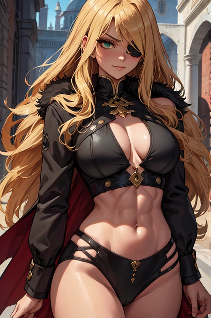 ((masterpiece)), ((best quality)), 1girl, adult, long hair, ((blonde hair)), very long blonde hair, ((intimidant look)), ((close-up)), profile image, green eyes, black and red clothes, sexy, dark colors, brillant eyes, ((coat with fur)), ((wavy hair)), exposed skin, ((sexy pose)), ((intimidant look)), good anatomy, ((dark sage clothes)), ((straight cut bangs)), emotionless, intimidant, ((beautiful eyes)), close up, ((detailed eyes)), beautiful eyes, ((detailed face)), hair bang, frontal look, evil, abs, relaxed, smile, magical goddess othinus, detailed face, eyepatch, full body, ((detailed))
