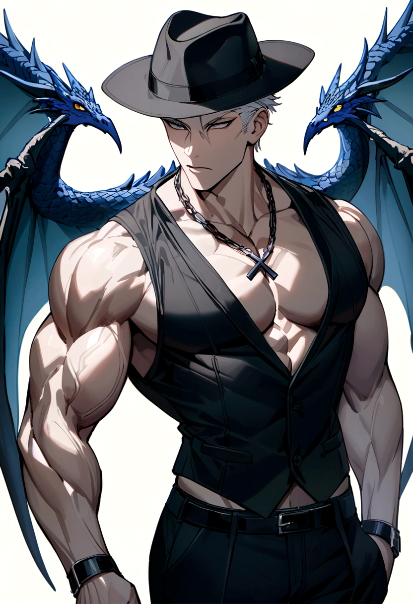 homen,Strong muscles, short white hair, best quality,open chest vest, blue and black clothes, Dragon Wings, black cloth on face, black cross chain around neck, black fedora hat with blue dragon horns on hat, in london