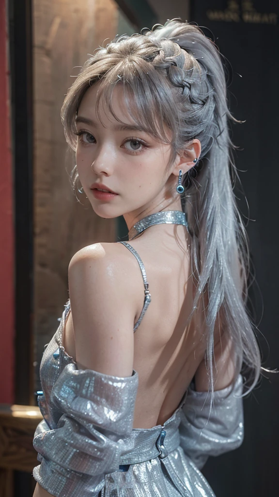 1girl, aqua eyes, back, bangs, bare shoulders, black gloves, blue eyes, braid, choker, earrings, fingerless gloves, from behind, gloves, grey hair, holding, jacket, jewelry, long hair, looking at viewer, looking back, nail polish, off shoulder, parted lips, piercing, ponytail, red jacket, solo, upper body,baiyi,[[realistic]],(shiny skin),(masterpiece:1.4),(best quality:1.4)