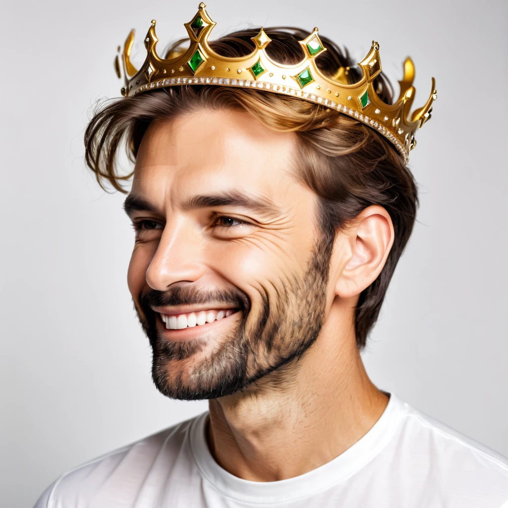 Side view portrait of assertive handsome midle age men wearing a golden crown, profile face, being self-confident, smile on her face. Indoor studio shot isolated on white background.