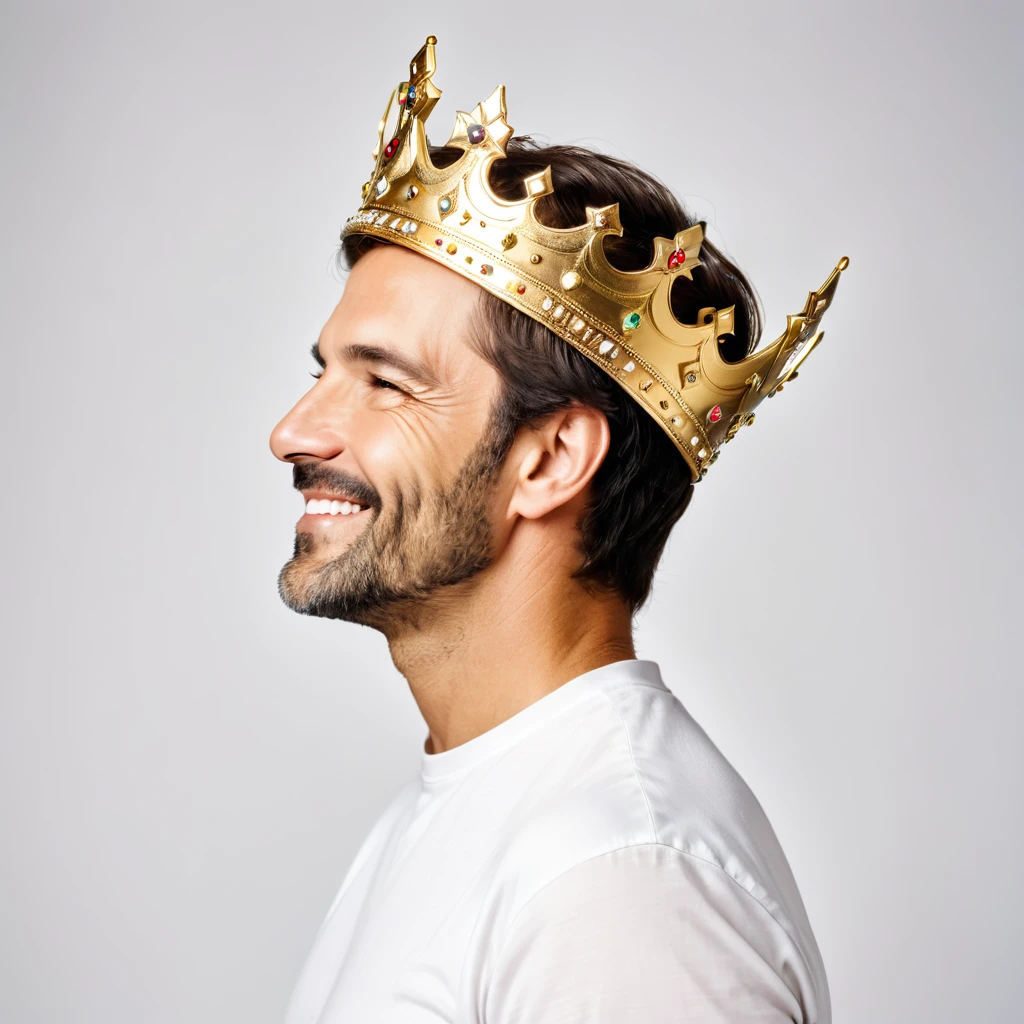 Side view portrait of assertive handsome midle age men wearing a golden crown, profile face, being self-confident, smile on her face. Indoor studio shot isolated on white background.