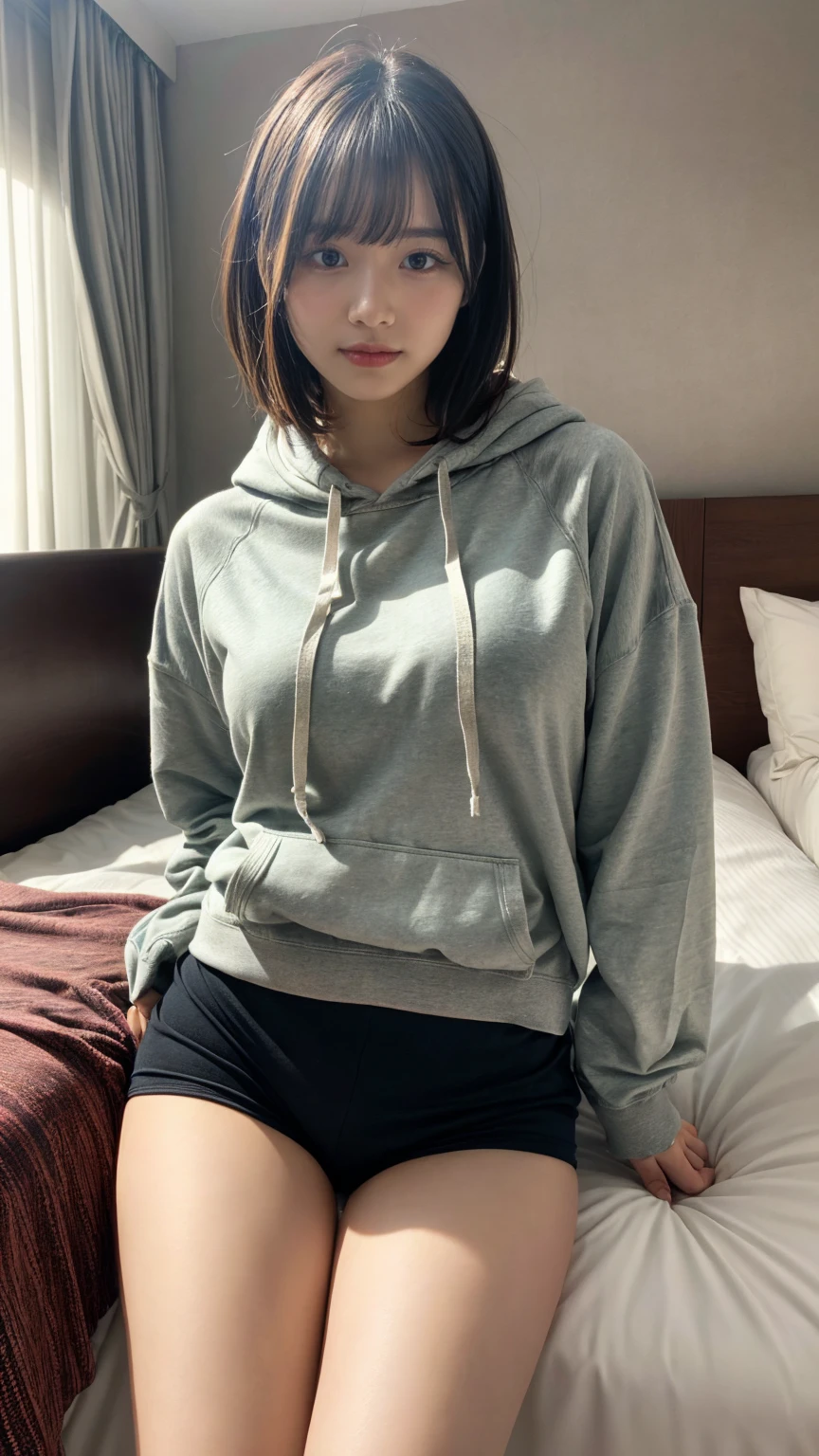 masterpiece, best quality, illustration, Super detailed, fine details, High resolution, 8K,wall paper, perfect dynamic composition,(Details High quality, realistic depiction of eyes:1.3), Oversized Light Grey Hoodie, Erotic Shorts, sitting, open legs, short bob hair, in a hotel room in the background, deep on field, large breasts, black hair color, Big Natural Color Lip, (perfect body shape), crying a little、Harajuku style、20 year old girl、cute type、beautiful legs, Gravure Idol