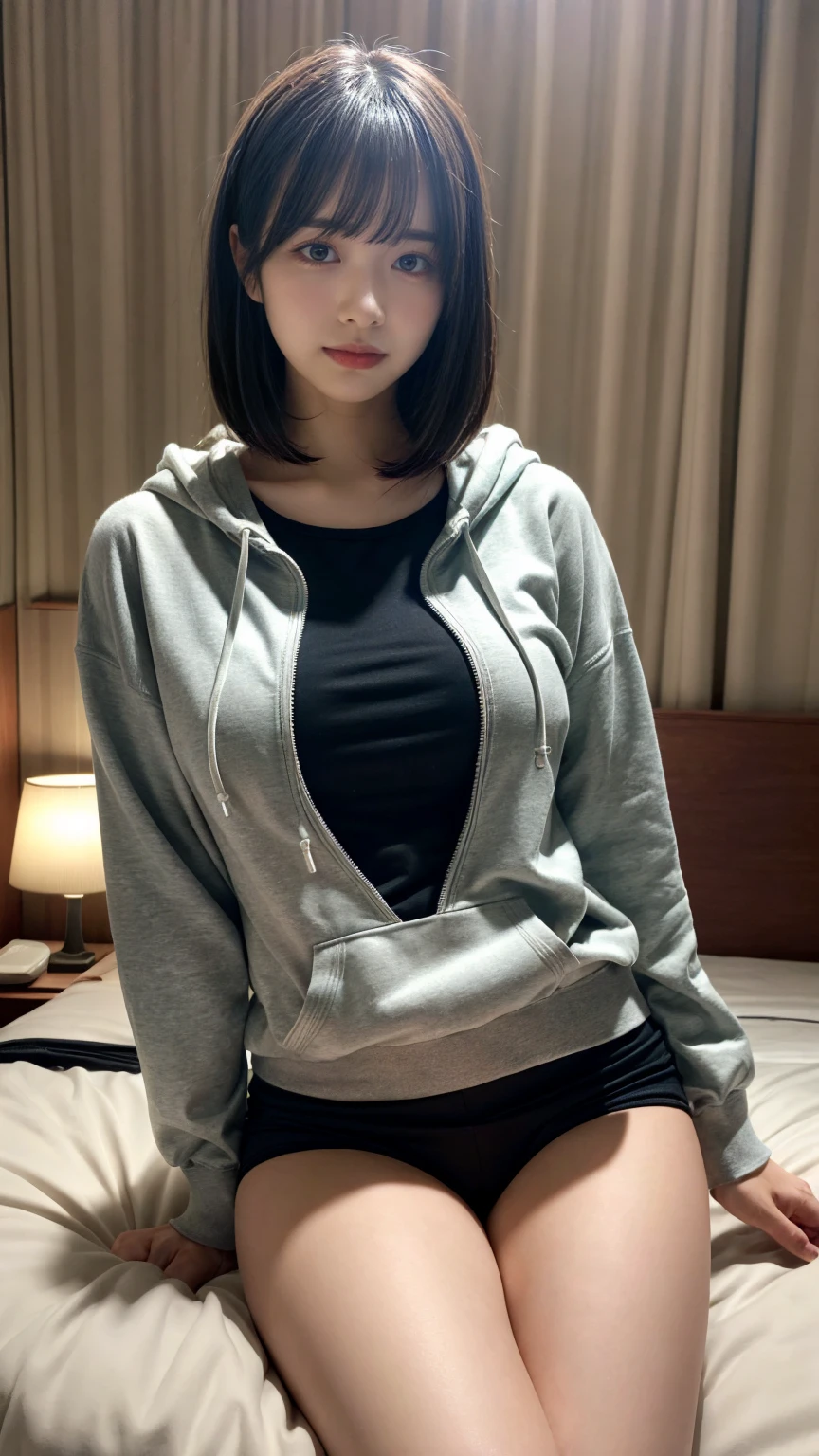 masterpiece, best quality, illustration, Super detailed, fine details, High resolution, 8K,wall paper, perfect dynamic composition,(Details High quality, realistic depiction of eyes:1.3),  Oversized Light Grey Hoodie, Erotic Shorts, sitting, open legs, short bob hair, in a hotel room in the background, deep on field, large breasts, black hair color, Big Natural Color Lip, (perfect body shape), crying a little、Harajuku style、20 year old girl、cute type、beautiful legs, Gravure Idol