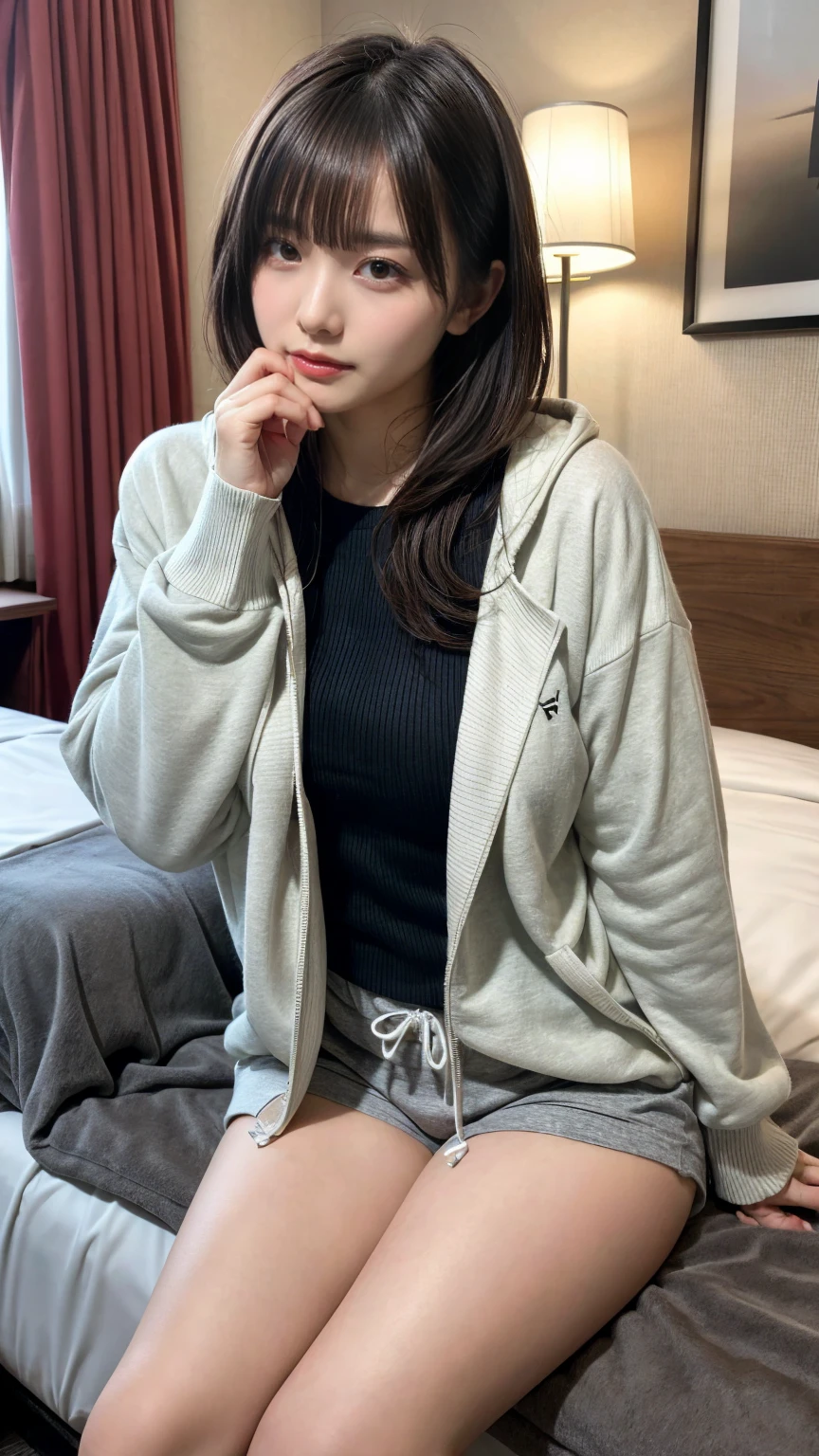 masterpiece, best quality, illustration, Super detailed, fine details, High resolution, 8K,wall paper, perfect dynamic composition,(Details High quality, realistic depiction of eyes:1.3), Oversized Light Grey Hoodie, Erotic Shorts, sitting, open legs, short bob hair, in a hotel room in the background, deep on field, large breasts, black hair color, Big Natural Color Lip, (perfect body shape), crying a little、Harajuku style、20 year old girl、cute type、beautiful legs, Gravure Idol