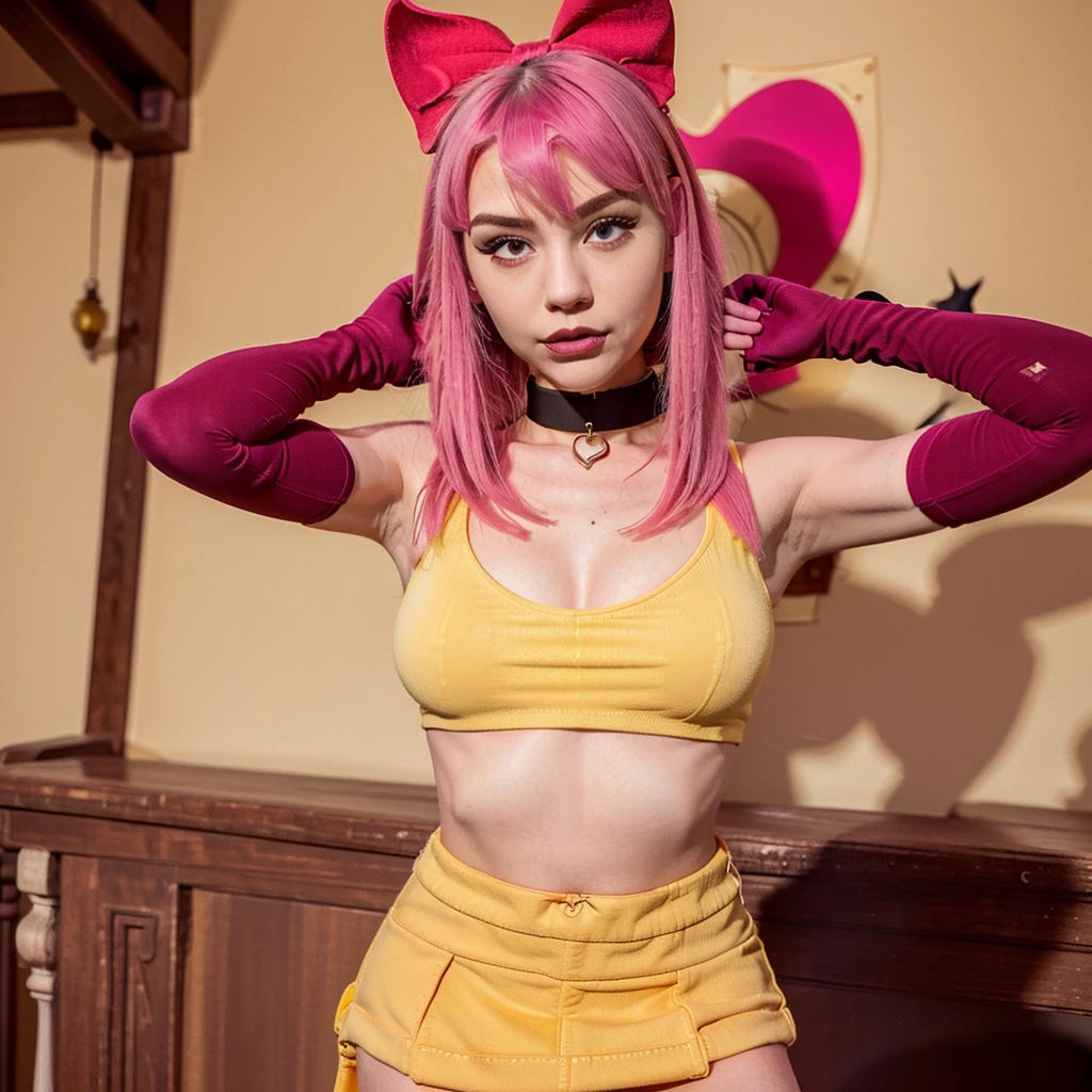 1girl, solo, Melodie, melodiebs, idol, musical notes, pink hair, big bow, elbow gloves, black crop top, yellow skirt, thighhighs, fur stole, choker, {surreal quality,detailed,best_quality:1.3,Sharp,4k,8k}