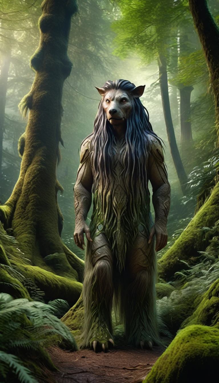 Panoramic front view,There is a creature in the forest,Human-like appearance,Covered with long hair(best quality,4K,8K,High level,masterpiece:1.2),Ultra Detailed,(lifelike,Photo real,Photo real:1.37),Highly detailed animals,Complex patterns,Realistic lighting,Fantasy Creatures