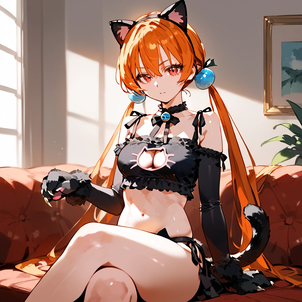 anime artwork, score_9, score_8_up, score_7_up, score_6_up, score_5_up, score_4_up,alisasr, 1girl, orange hair, red eyes, fake black cat ears, hairband, long hair, very long hair, twintails, hair ornament, hair bobbles, low twintails,, \\\\\\ style_3, floox style \\\\\ , cat lingerie, paws gloves, cat tail, lap pillow, evil, sit on sofa
