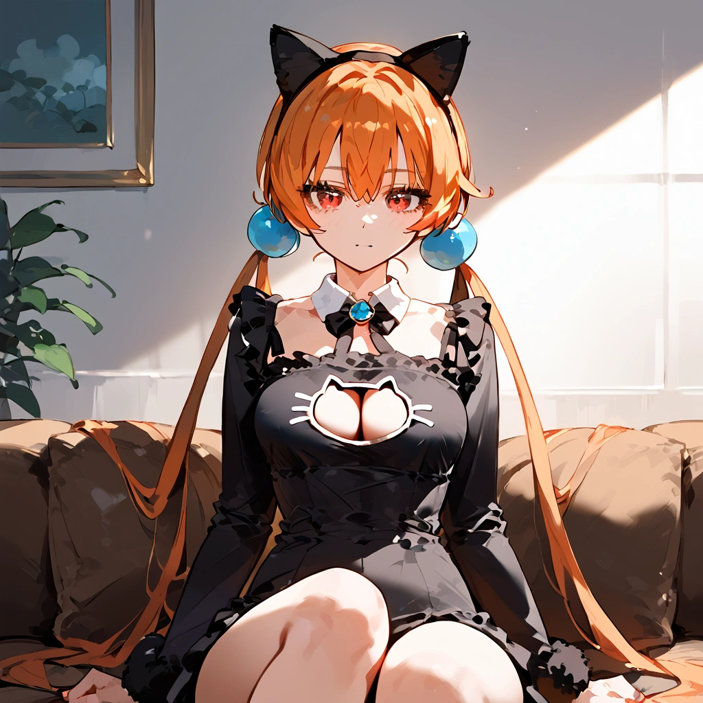 anime artwork, score_9, score_8_up, score_7_up, score_6_up, score_5_up, score_4_up,alisasr, 1girl, orange hair, red eyes, fake black cat ears, hairband, long hair, very long hair, twintails, hair ornament, hair bobbles, low twintails,, \\\\\\ style_3, floox style \\\\\ , cat lingerie, paws gloves, cat tail, lap pillow, evil, sit on sofa
